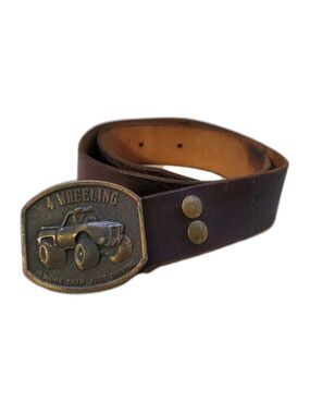 1976 Retro Men's 4 Wheeling Off-Roading Brass Buckle & Removable Tooled Belt Vtg